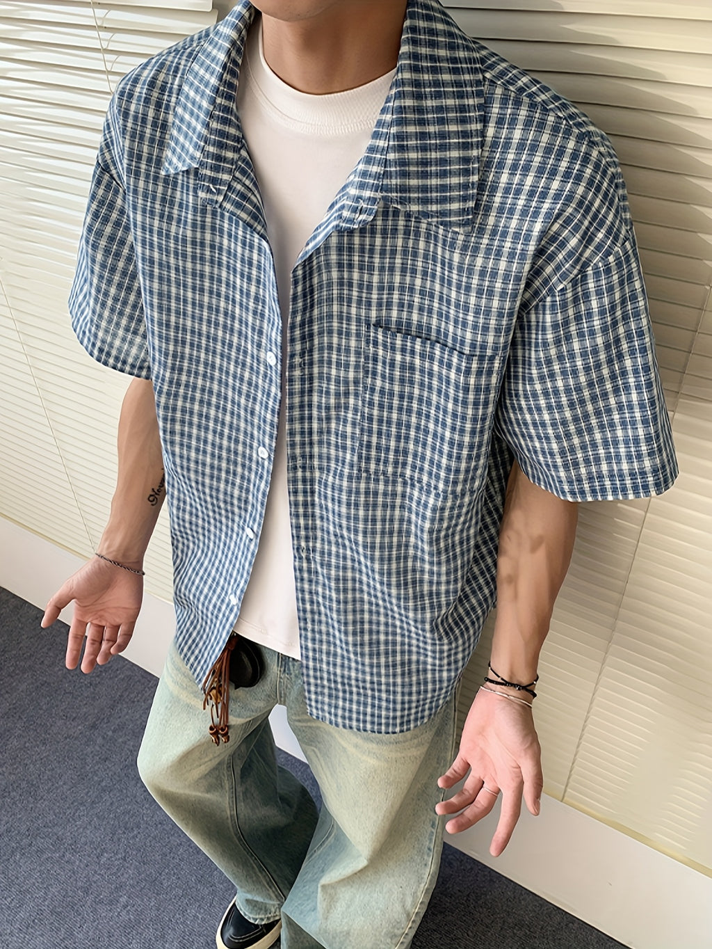 Men's Casual Plaid Short Sleeve Shirt - Loose Fit Summer Shirt with Classic Collar,