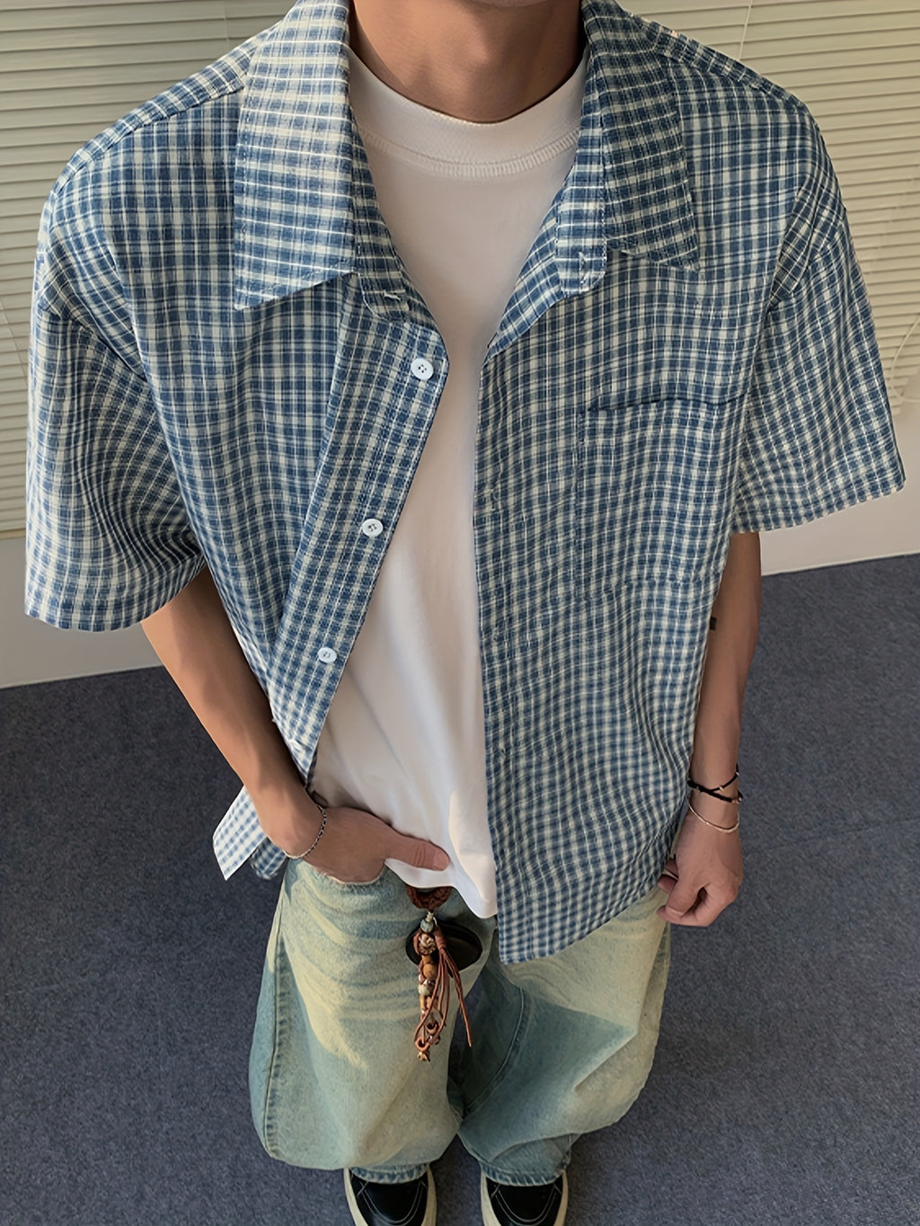 Men's Casual Plaid Short Sleeve Shirt - Loose Fit Summer Shirt with Classic Collar,