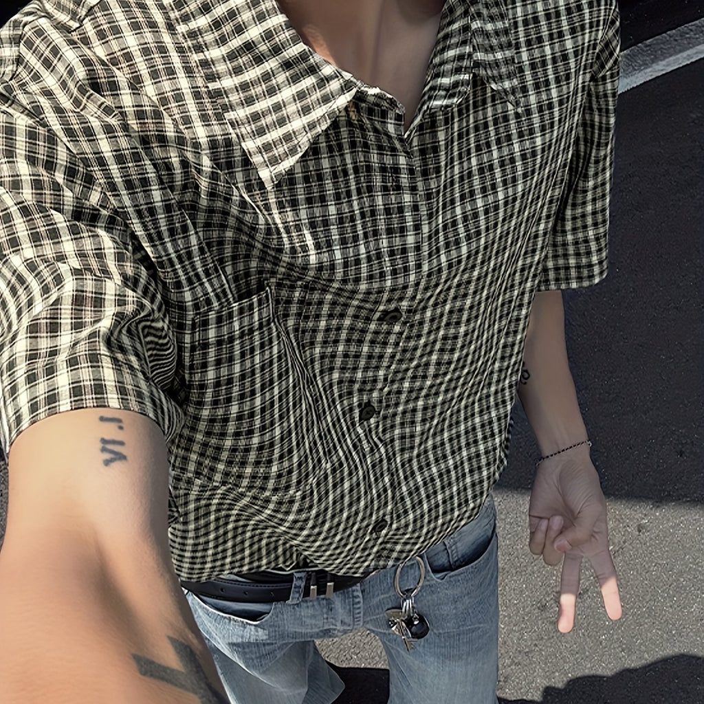 Men's Casual Plaid Short Sleeve Shirt - Loose Fit Summer Shirt with Classic Collar,