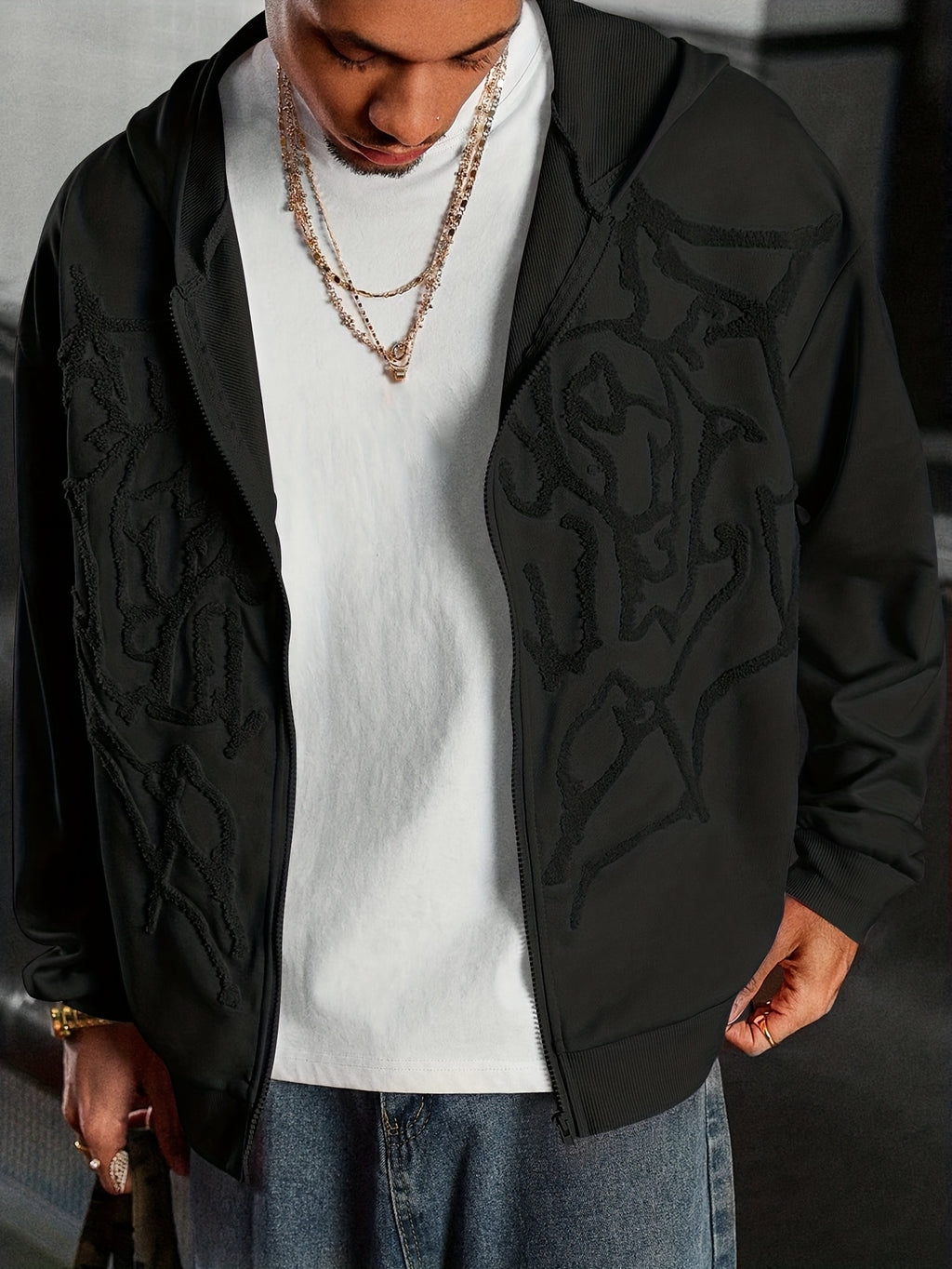 Men's Hooded Sweatshirt with dragon Letter Embroidery,