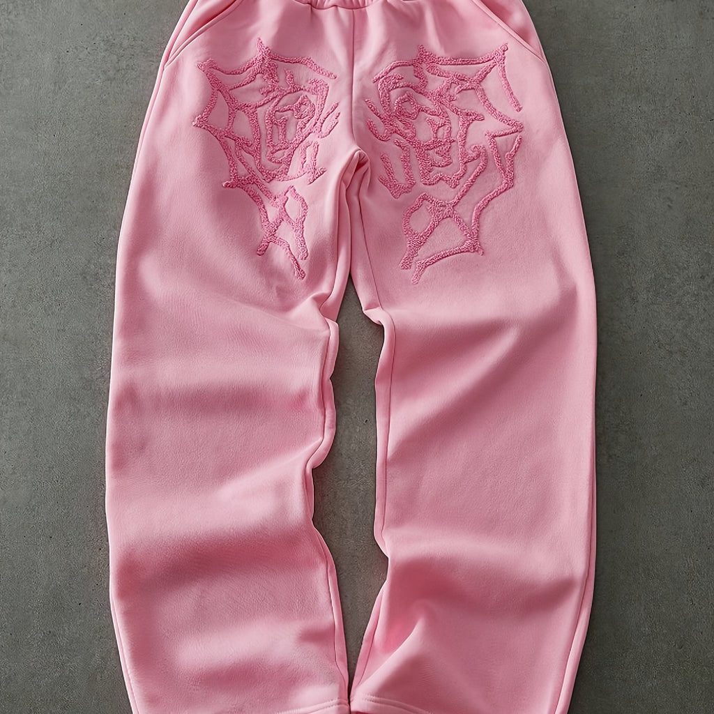 Men'S Streetwear Style Spider Web Embroider Joggers - Loose Fit, All-Season Casual Pants with Pockets.